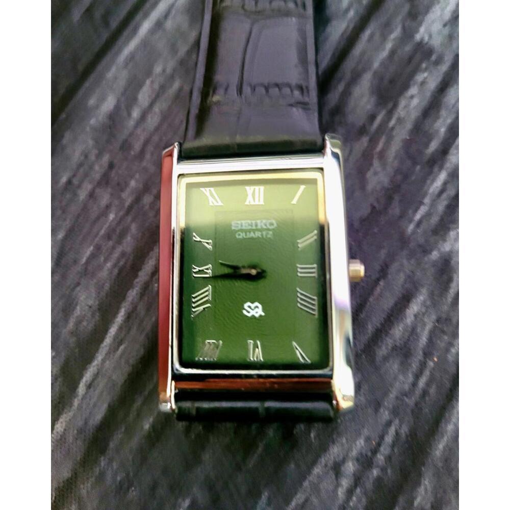 Rare Vintage Slim‎ Tank Quartz Mans Slv-Grn-Blk Leather Watch - Picture 4 of 8